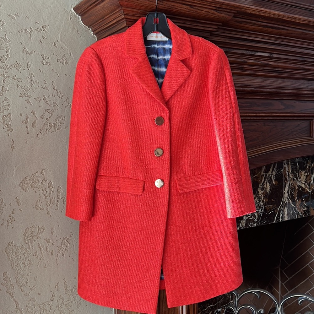 Tory Burch Knee Length Jacket. SZ XS/TP. Tye dye lining.